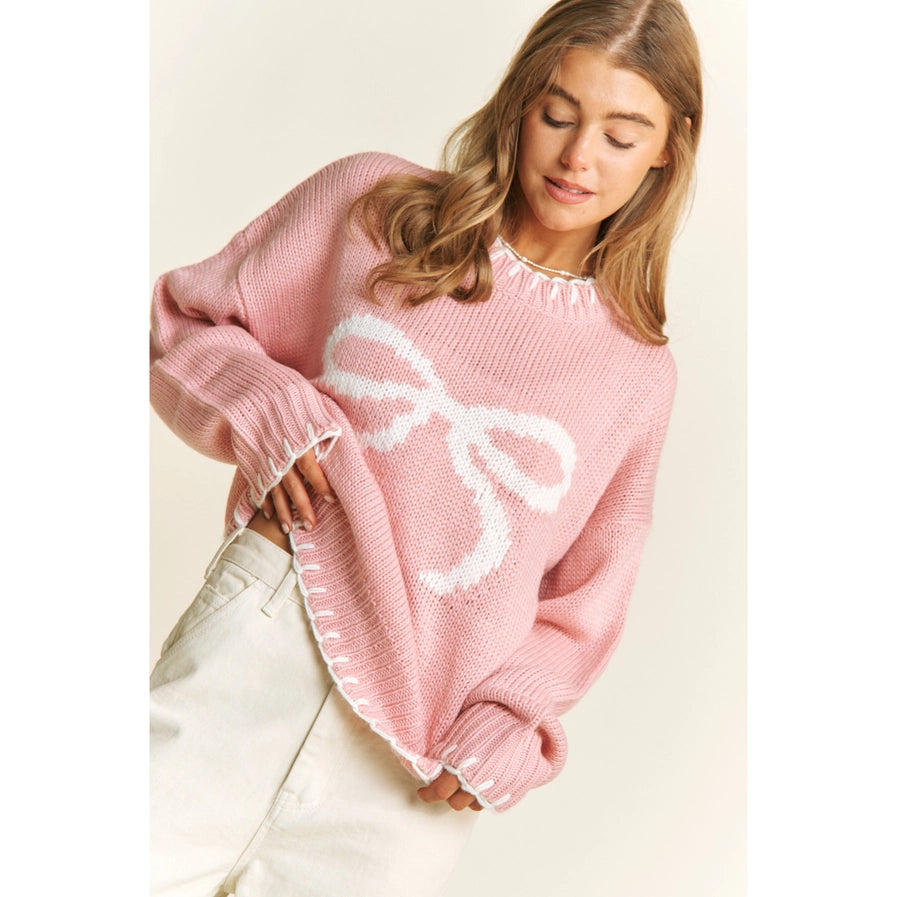 Coquette Holiday Big Bow Sweater Pullover with Contrast Edge Stitches