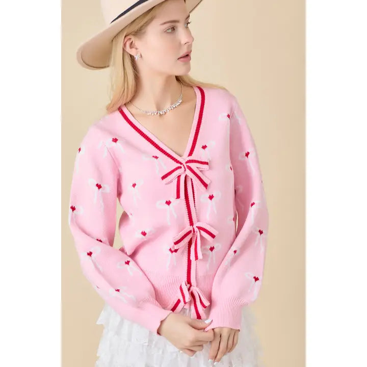 Coquette Sweater Knit Cardigan with Ribbon Bow Detail
