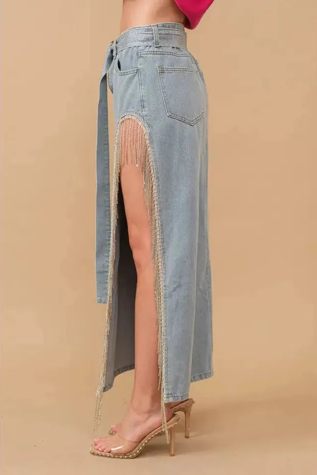 Cut Out Belted Rhinestone Fringe Maxi Denim Skirt
