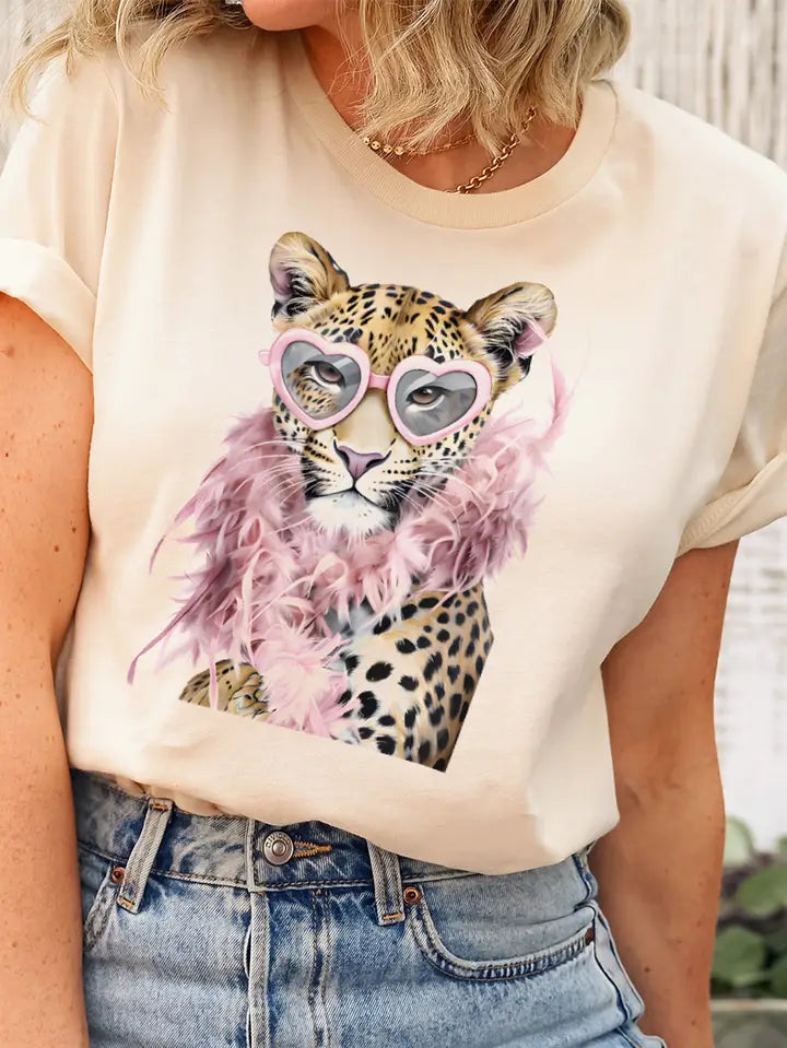 Graphic tee with a leopard wearing sunglasses with rhinestone detailing 