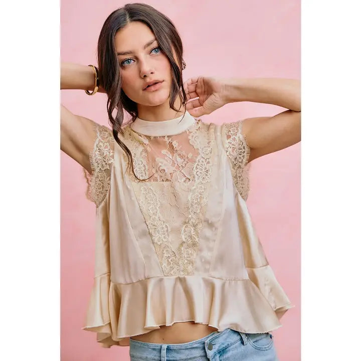 Satin ruffle hem top with lace and mesh detailing