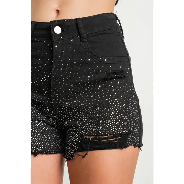 Rhinestone Embellished Stretch Denim Shorts