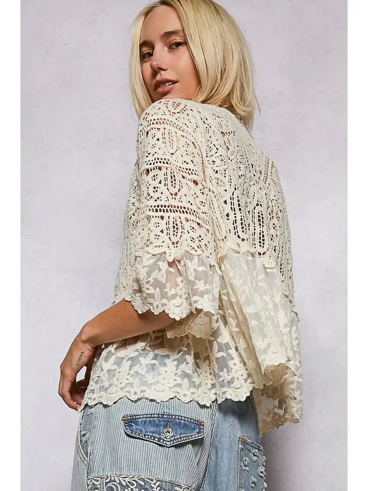 V-Neck Short Sleeve Crochet Floral Lace Cardigan By Pol