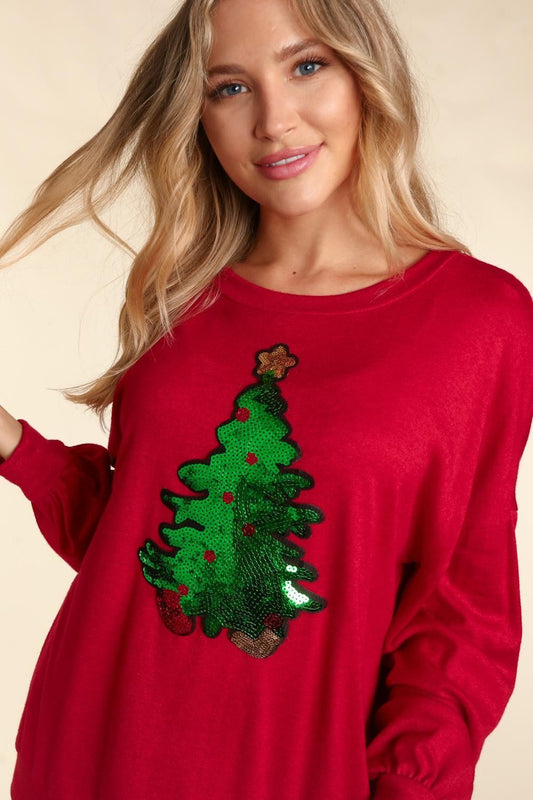 Hacci Knit Top with Sequins Christmas Tree (Curvy only)