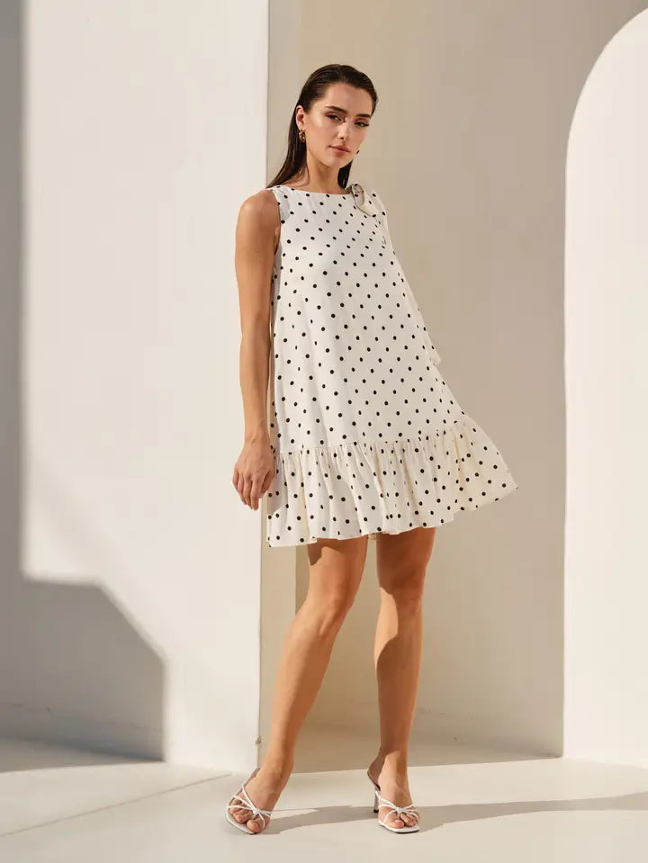 polka dot bow shoulder ruffle hem sleeveless mini dress boutique style
