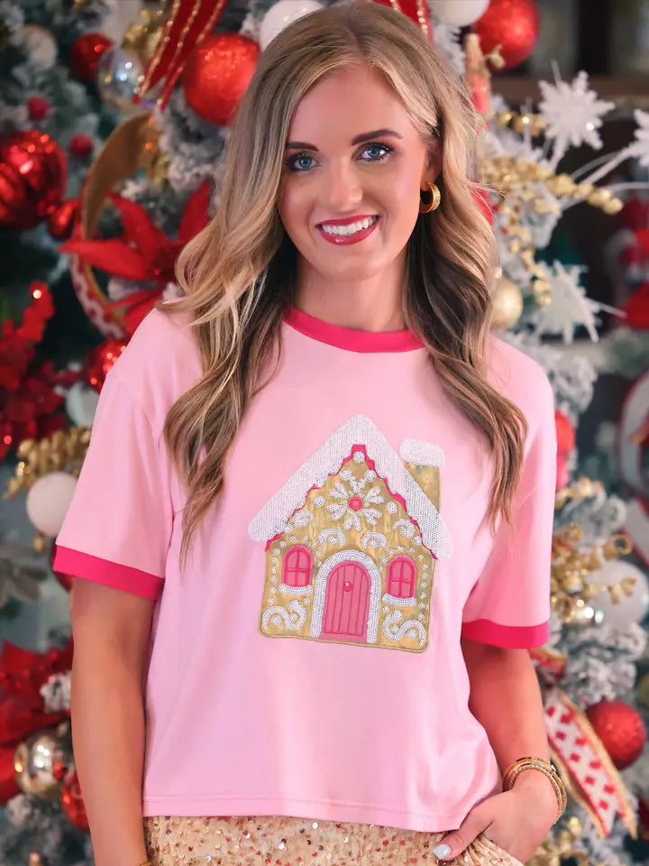 Jess Lea Gingerbread Kisses Foil Ringer Tee featuring a festive foil gingerbread house design, sparkling sequins and embroidery.