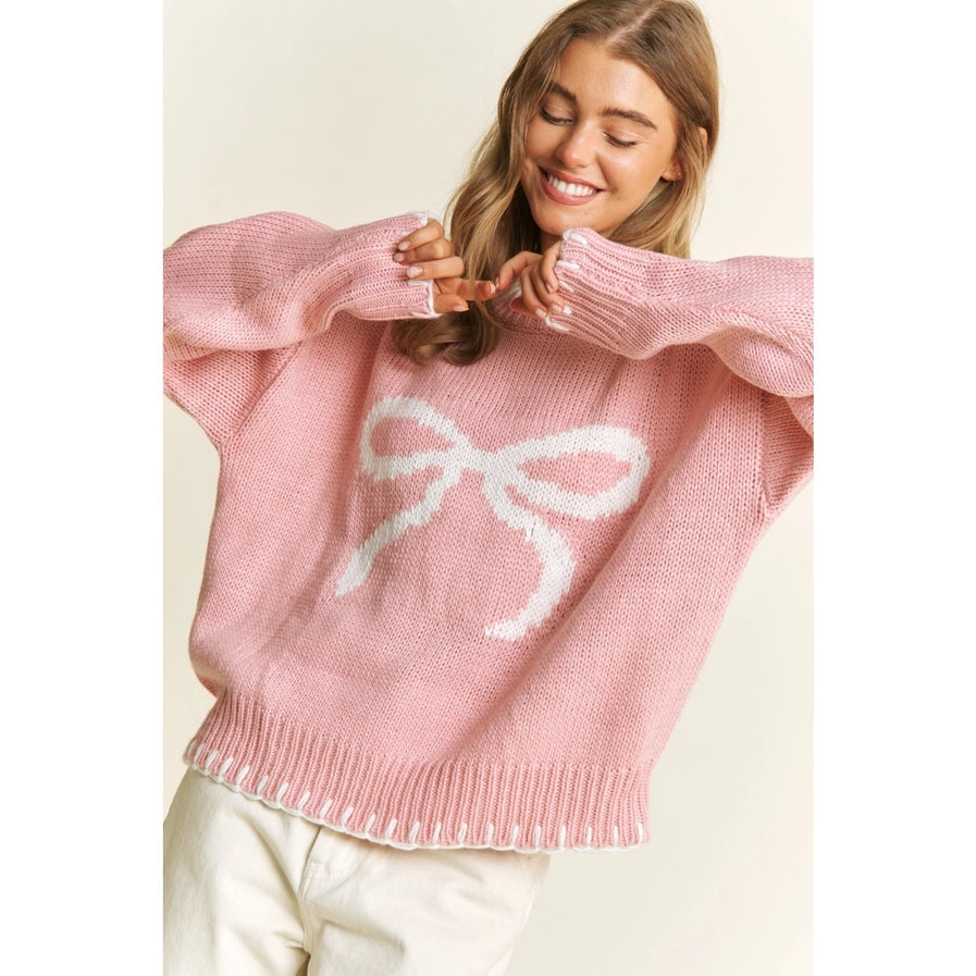 Coquette Holiday Big Bow Sweater Pullover with Contrast Edge Stitches