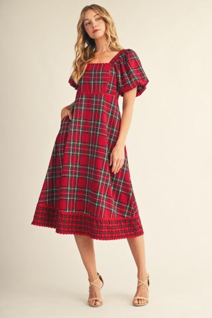 Plaid About You Puff Sleeve Midi Dress