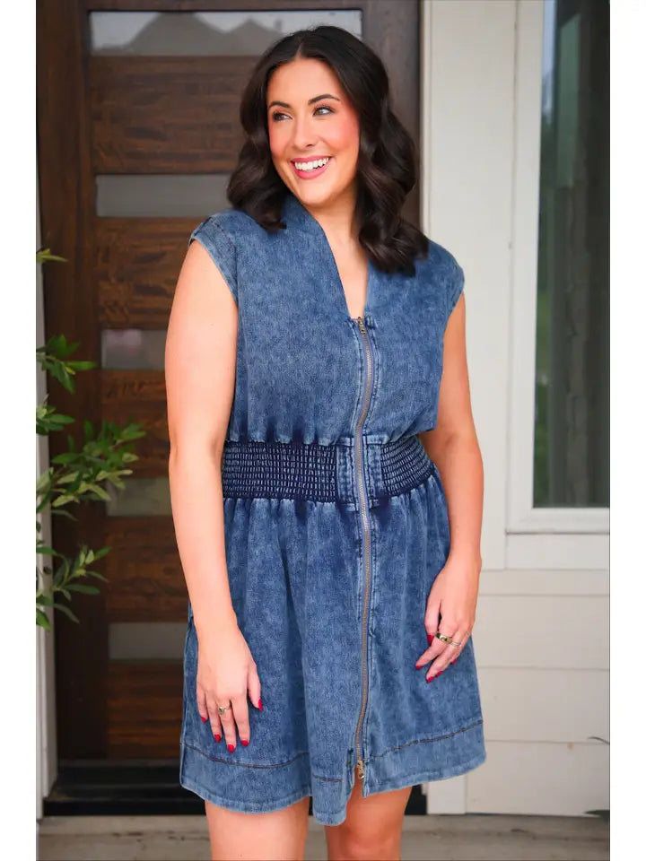 Refined Denim Zipper Dress- Light Wash
