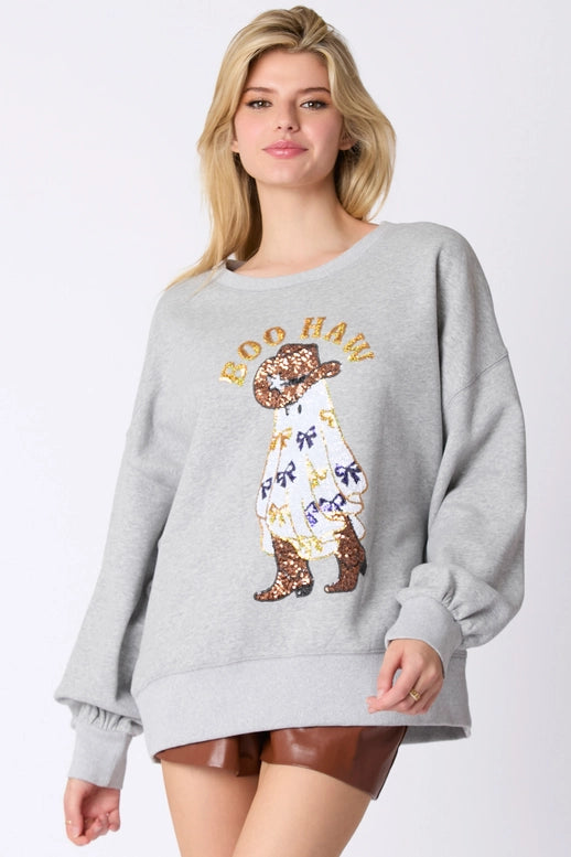 'Boo Haw' Ghost & Bow Embroidery Sweatshirt