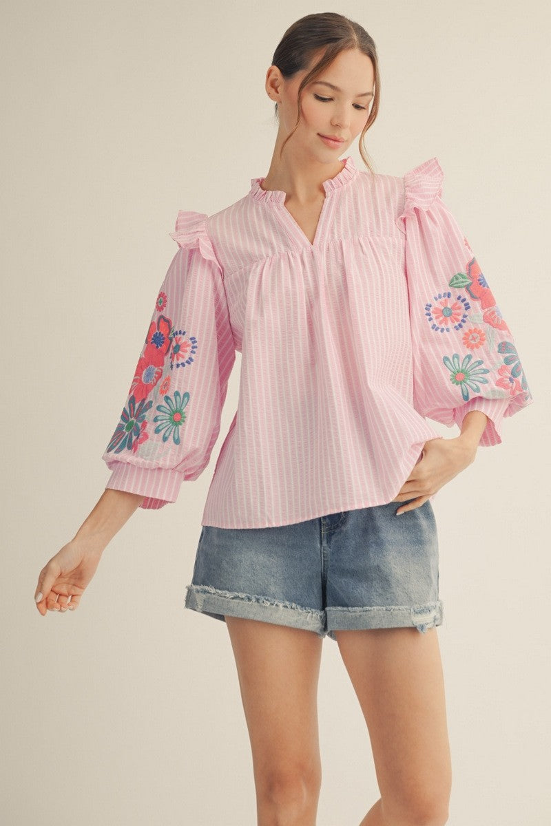 Embroidery Sleeve Stripe Top By Jodifl