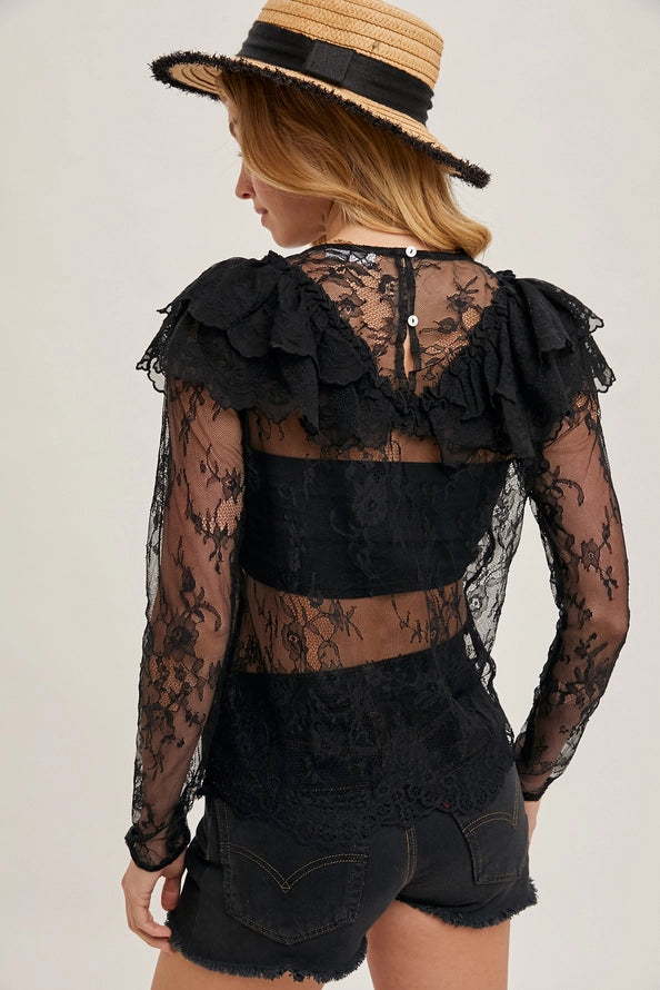 Midnight Romance Sheer Lace Ruffle Top By Blueivy