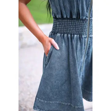 Refined Denim Zipper Dress- Light Wash