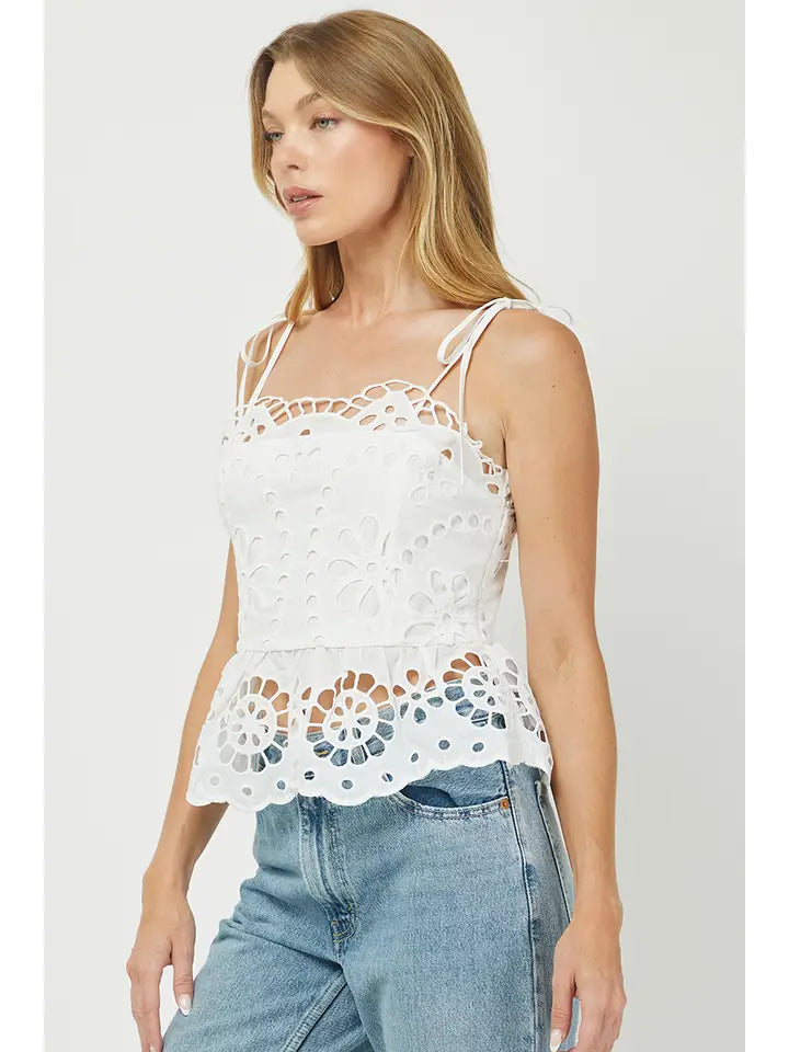 embroidered eyelet peplum top with tie straps scalloped hem white and black boutique blouse