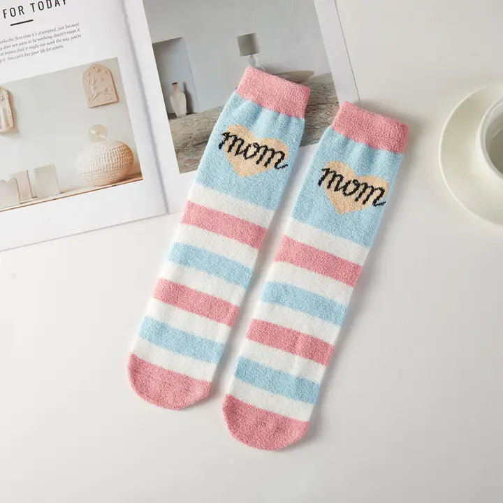 Love Mom Theme Cute Graphic Fuzzy Socks Gift Box (3 Pairs)