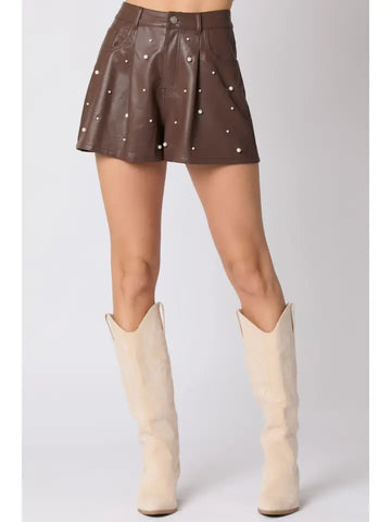 Leather Pin Tuck Detail Shorts With Pearl