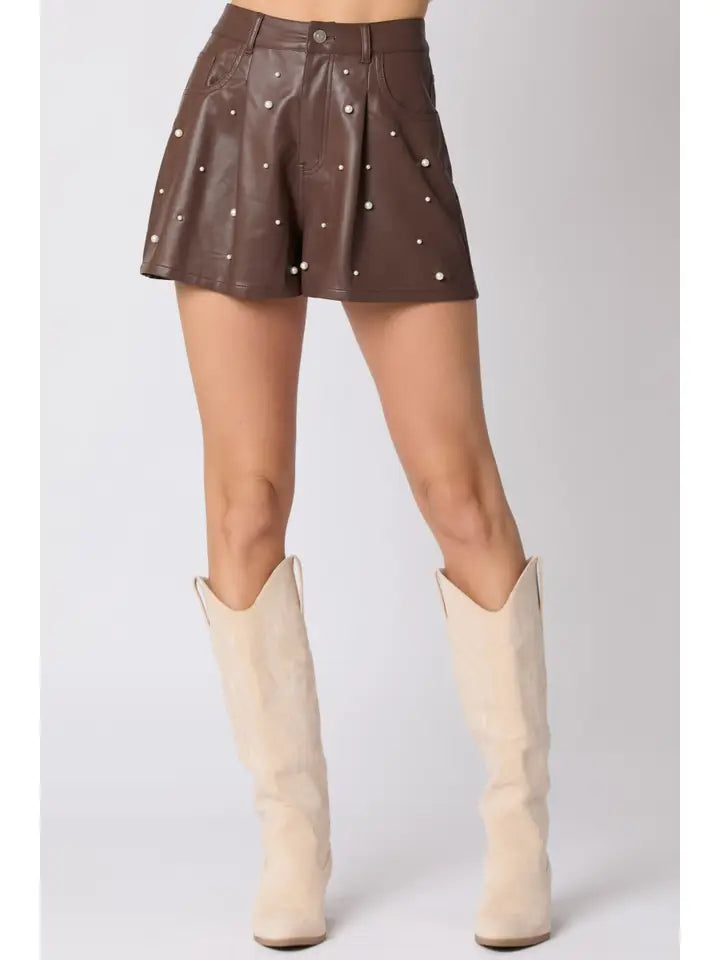 Faux Leather Pin Tuck Detail Shorts With Pearl