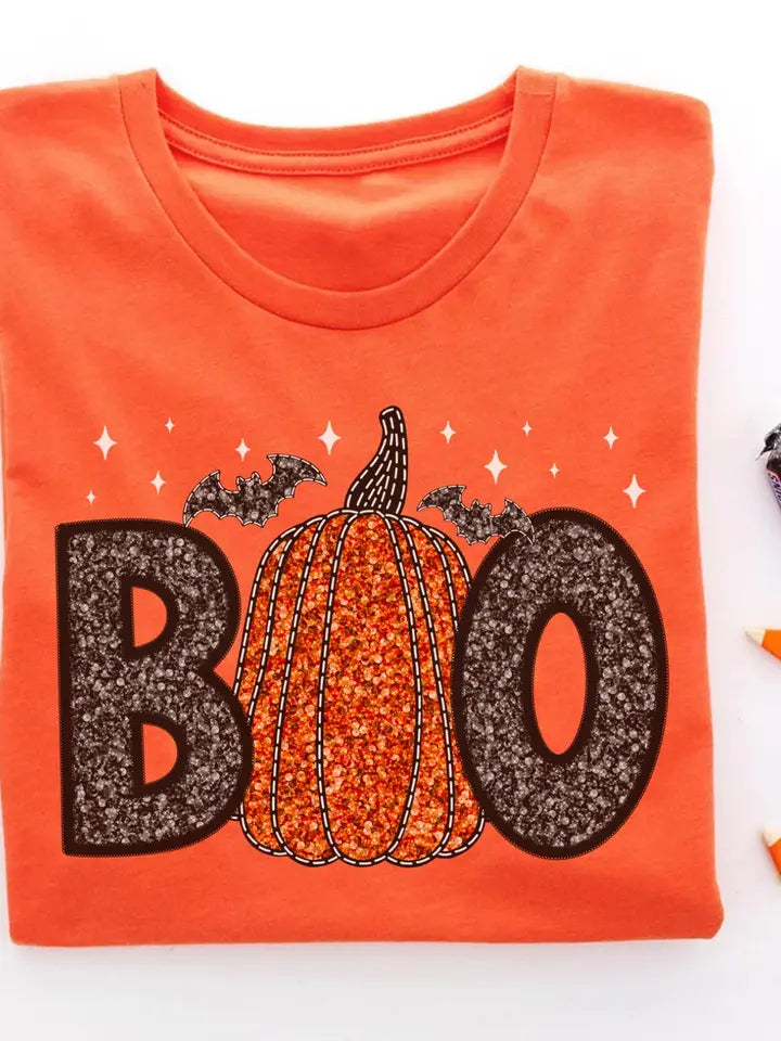 Boo Pumpkin Faux Sequin Graphic Tee