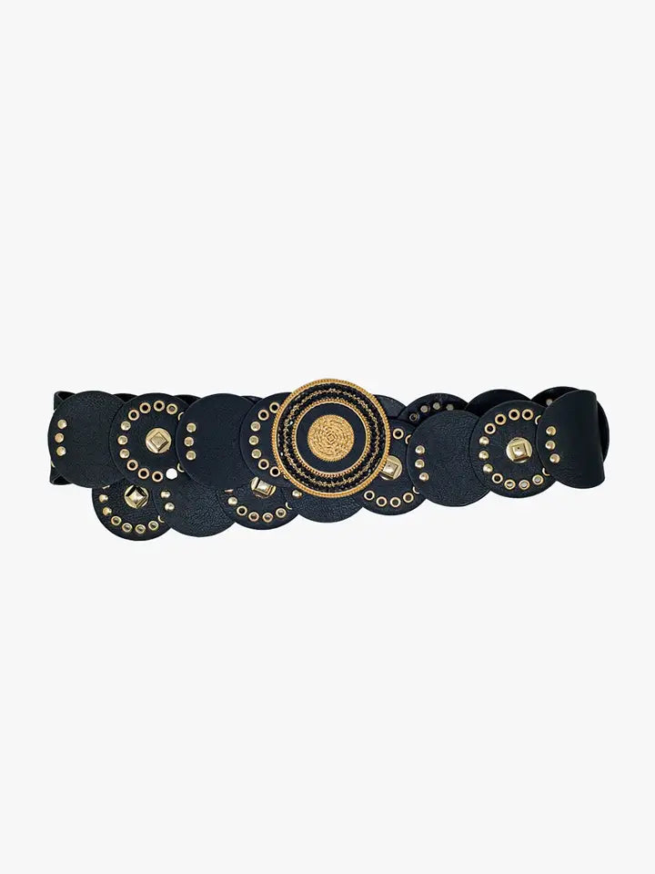 Black Leather Belt with Black Rhinestone Round Buckle and Go