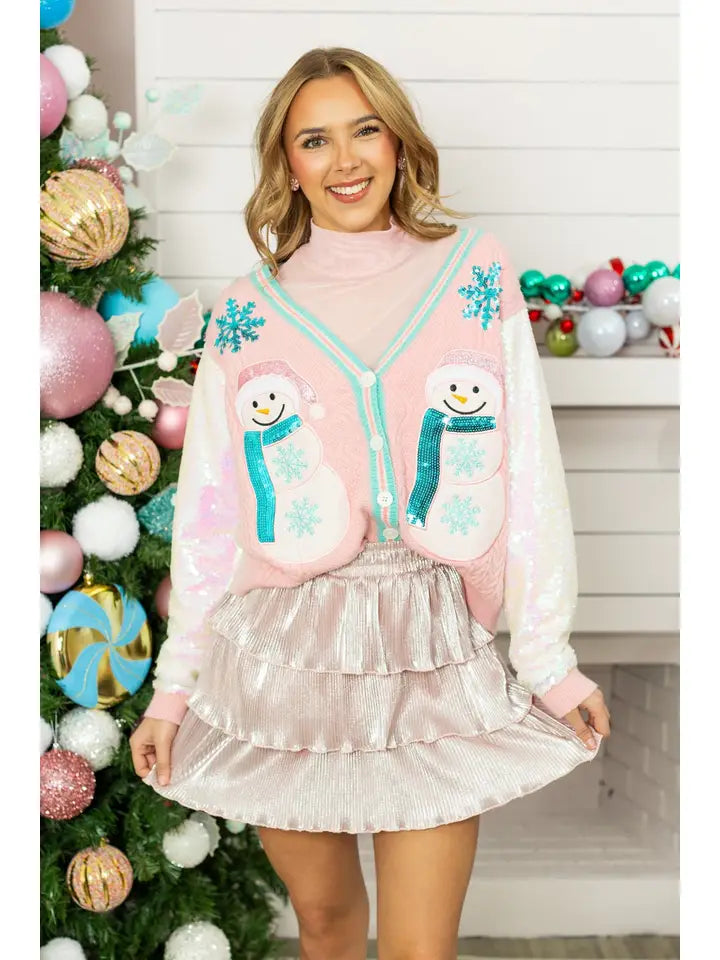 Snowman Cardigan with Sequin Sleeves By Grace + Emma