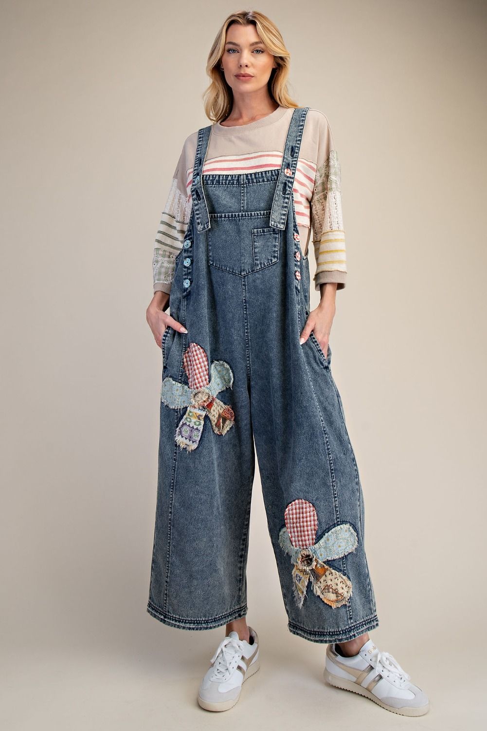 Patchwork Petals Denim Overalls By Easel