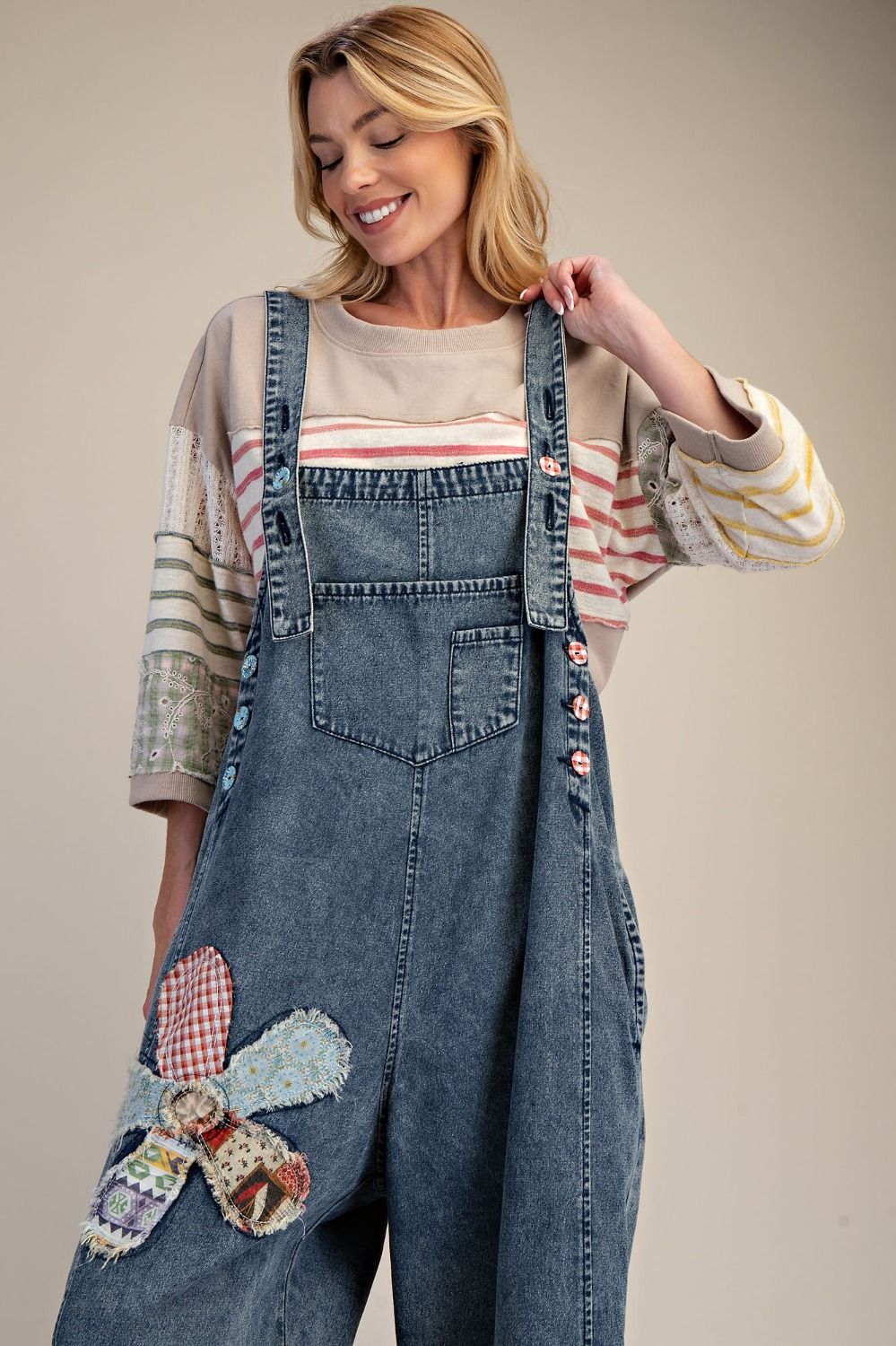 Patchwork Petals Denim Overalls By Easel