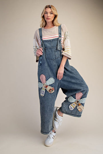 Patchwork Petals Denim Overalls By Easel