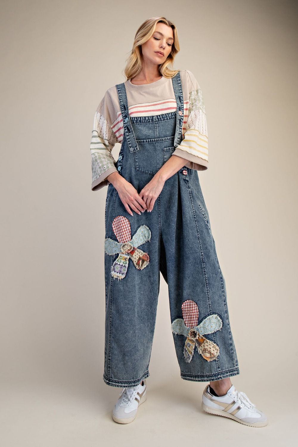 Patchwork Petals Denim Overalls By Easel