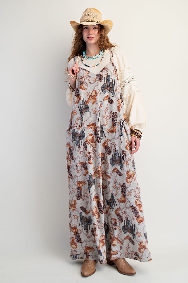 Western Printed Brushed Hacci Jumpsuit By Easel