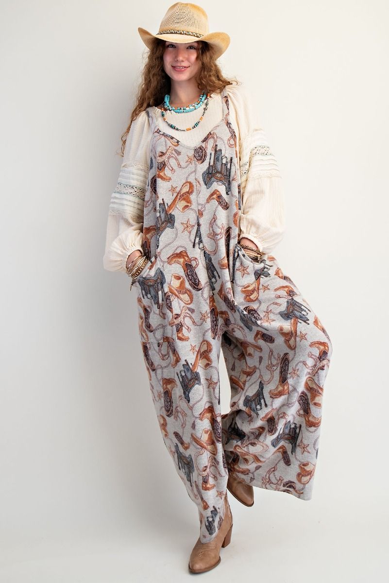 Western Printed Brushed Hacci Jumpsuit By Easel
