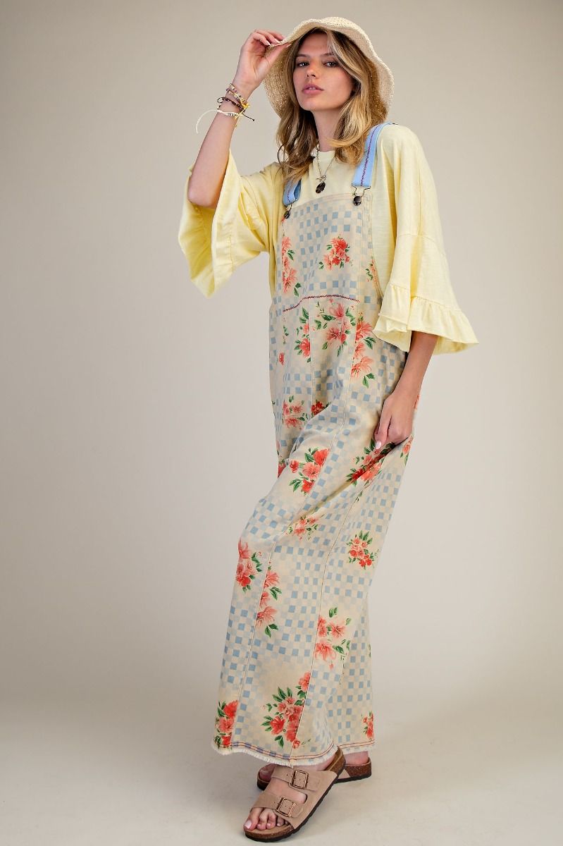 Checkboard Printed Washed Twill Overalls By Easel