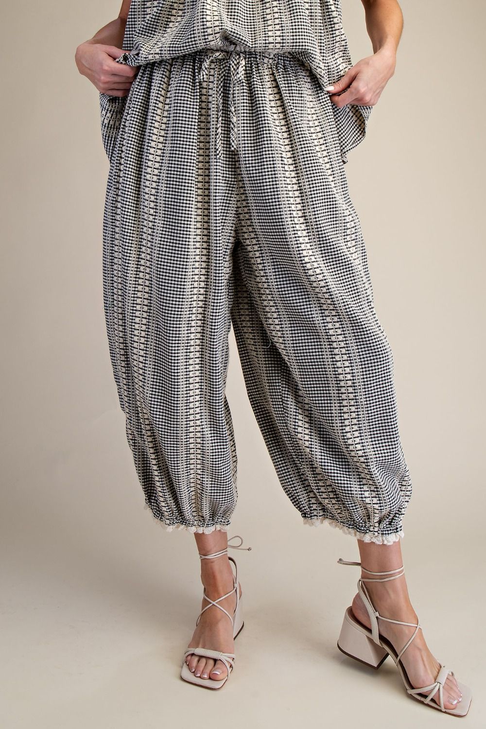 Gingham barrel pants with lace trim on ankles and Waistband