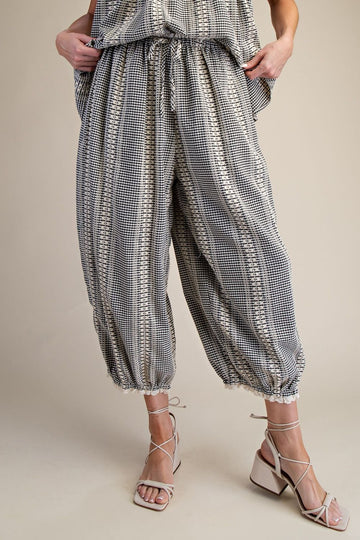 Gingham barrel pants with lace trim on ankles and Waistband