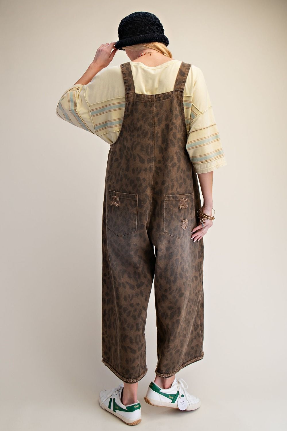Women’s overalls with leopard pattern and distressing detailing 