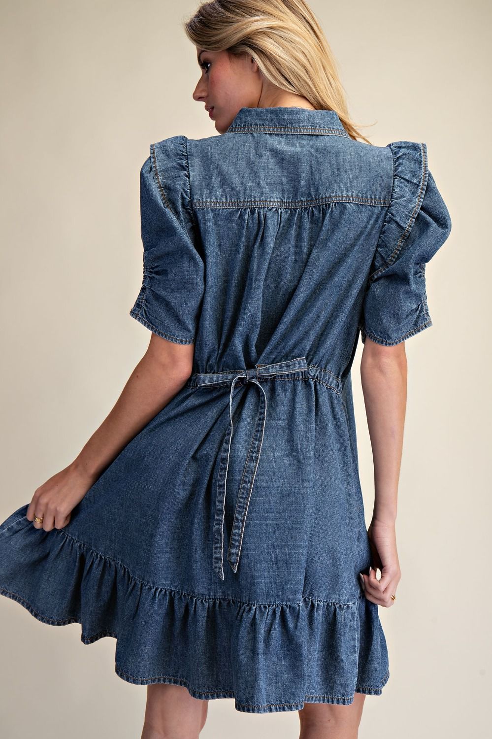 Denim short Dress with buttons and ruffle details 