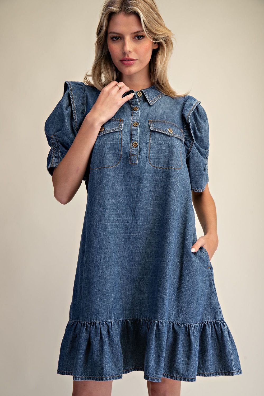Medium wash denim short dress with puff sleeves and ruffle Accents 