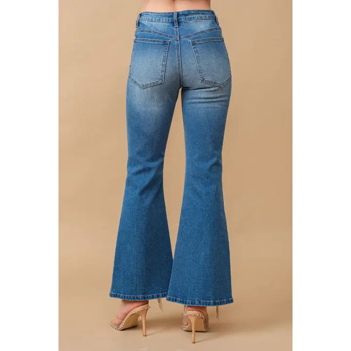 High Waist Flare Bottom w/ Rhinestone Fringe Jeans
