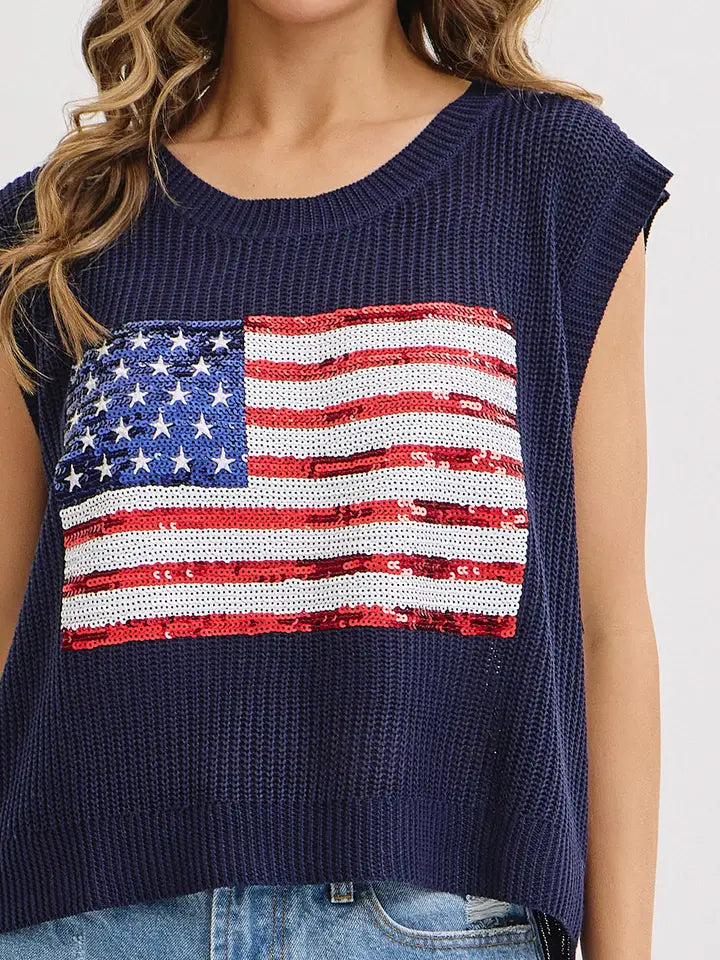 Star and Stripes American Flag Knit Top with Sequin- By Sweet Lovely
