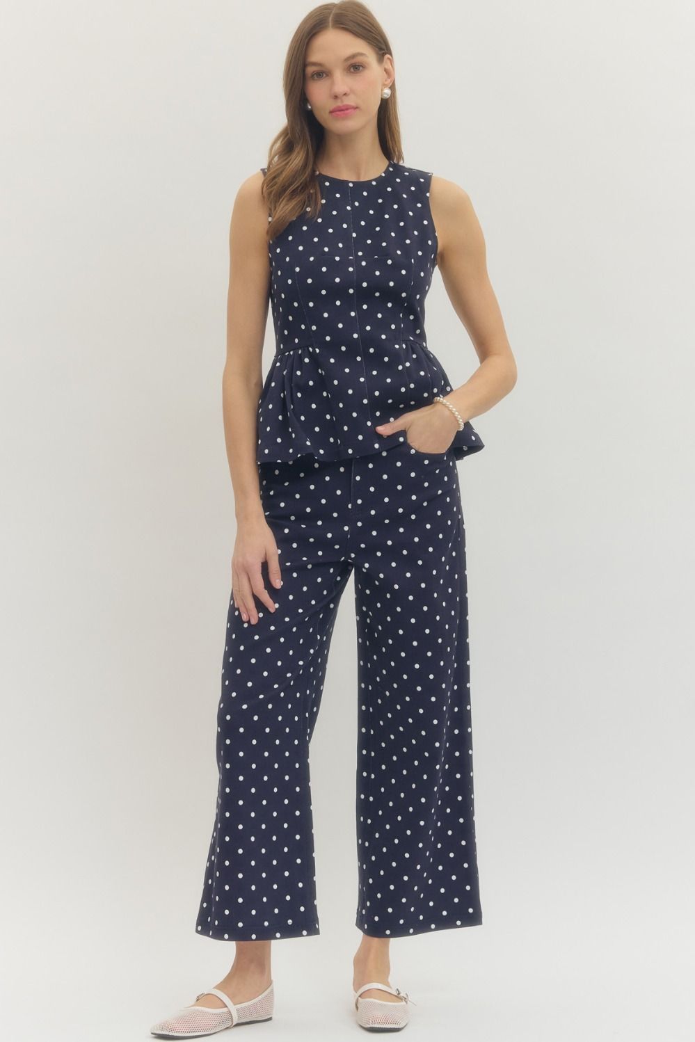navy polka dot wide leg pants high waist button front lightweight woven