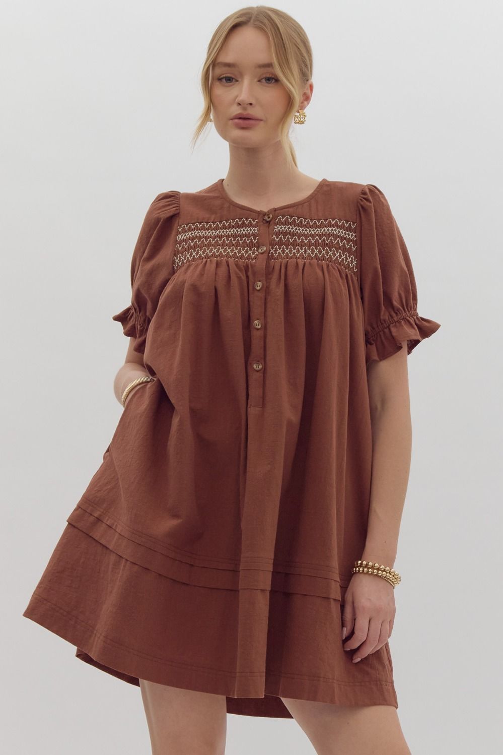 Button Front Short Sleeve Mini Dress By Entro