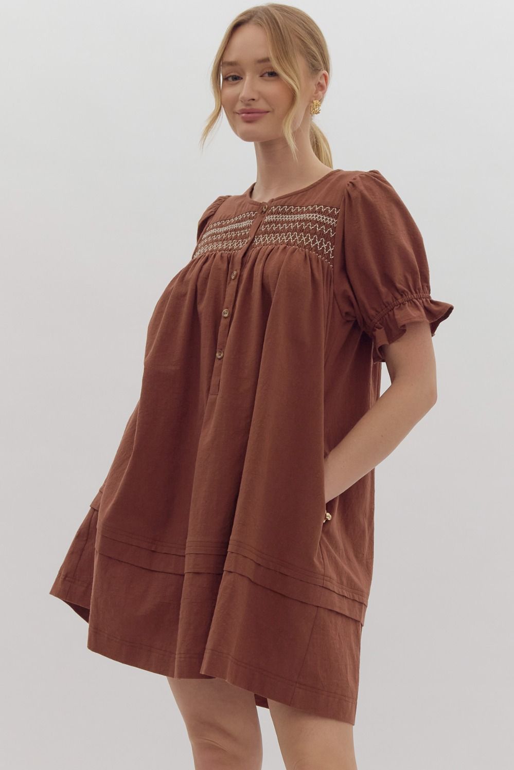 Button Front Short Sleeve Mini Dress By Entro