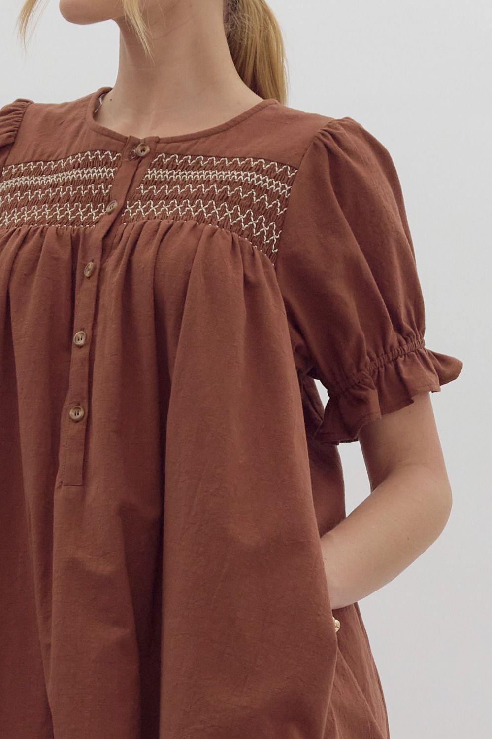 Button Front Short Sleeve Mini Dress By Entro