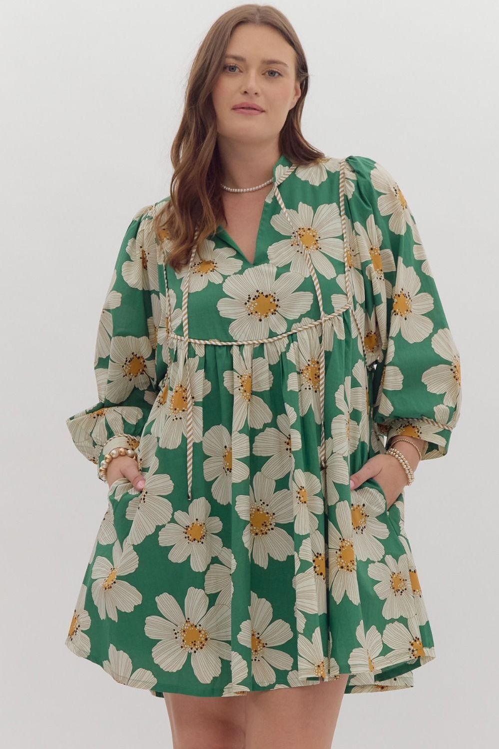 Plus Size Floral Print 3/4 Sleeve Green Dress By Entro