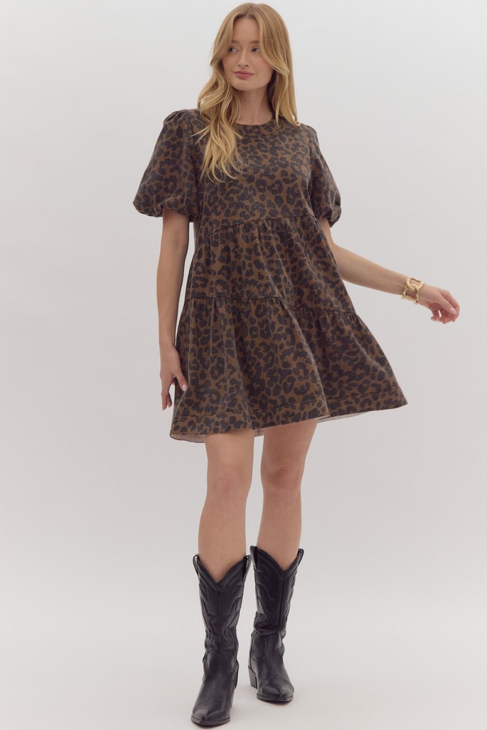 Leopard Print Tiered Bubble Sleeve Mini Denim Dress