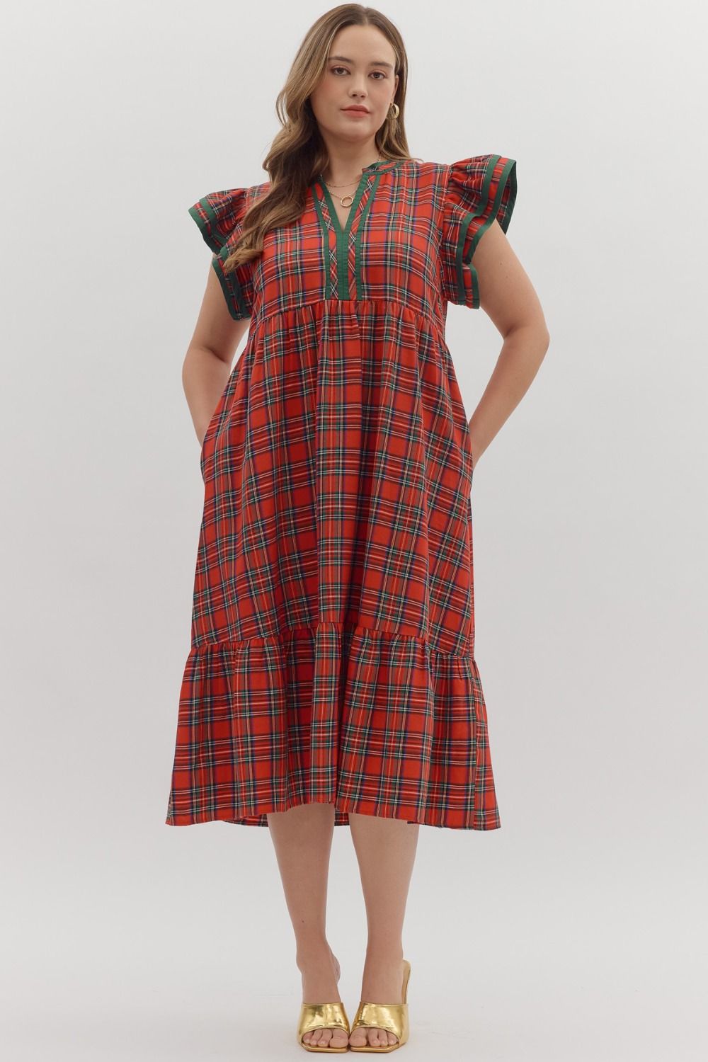 Plus Size Plaid Flutter Sleeve Midi Dress By Entro
