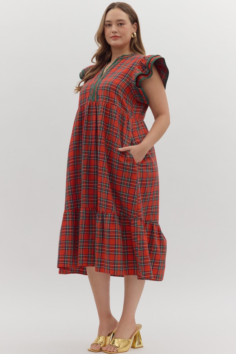 Plus Size Plaid Flutter Sleeve Midi Dress By Entro