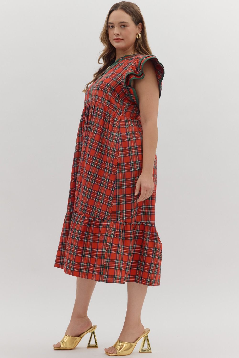 Plus Size Plaid Flutter Sleeve Midi Dress By Entro