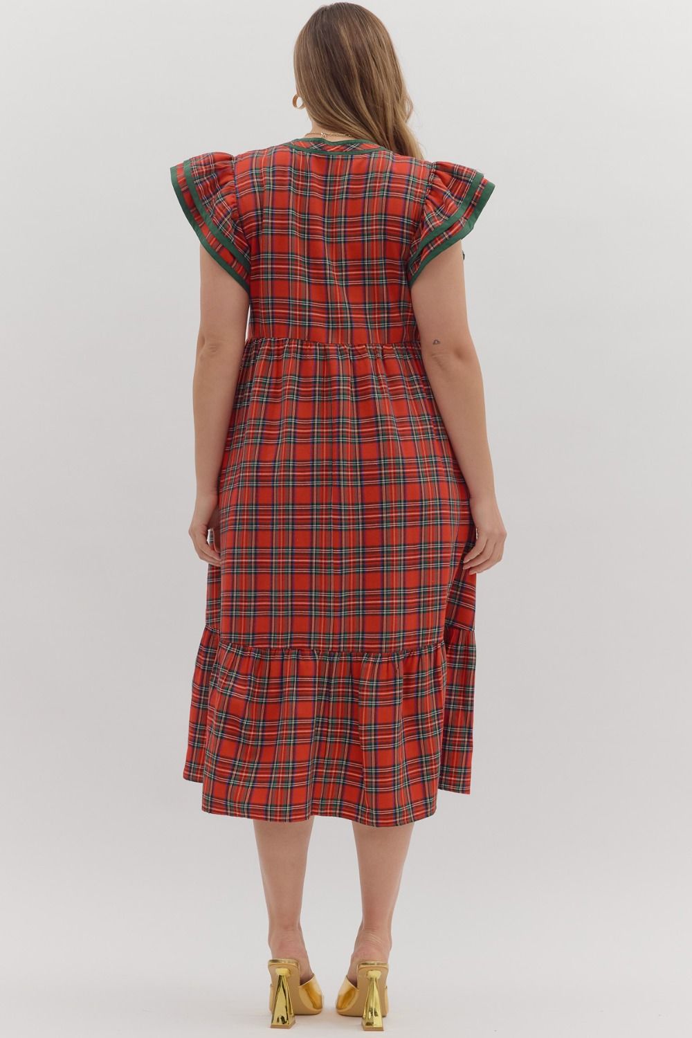 Plus Size Plaid Flutter Sleeve Midi Dress By Entro