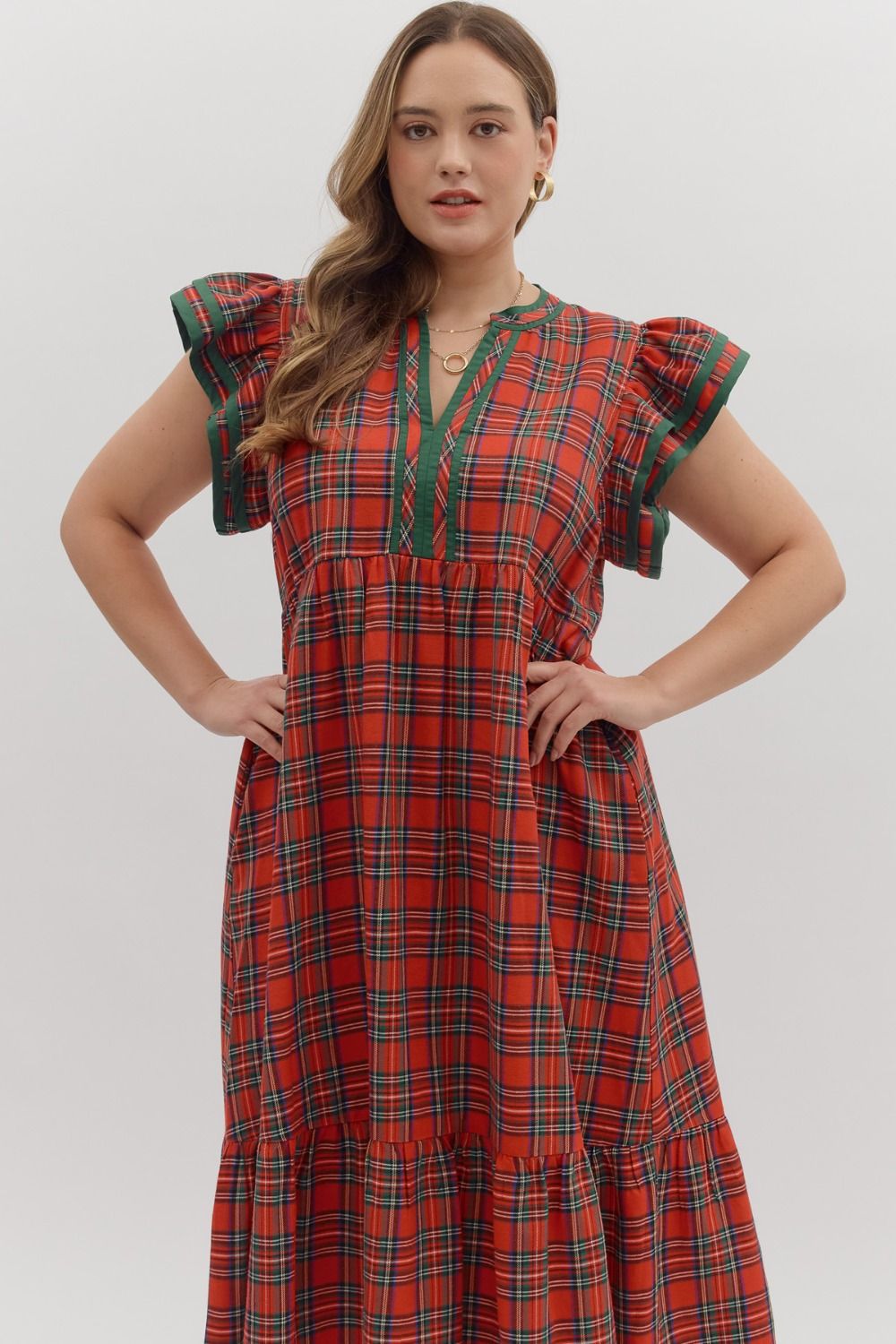 Plus Size Plaid Flutter Sleeve Midi Dress By Entro