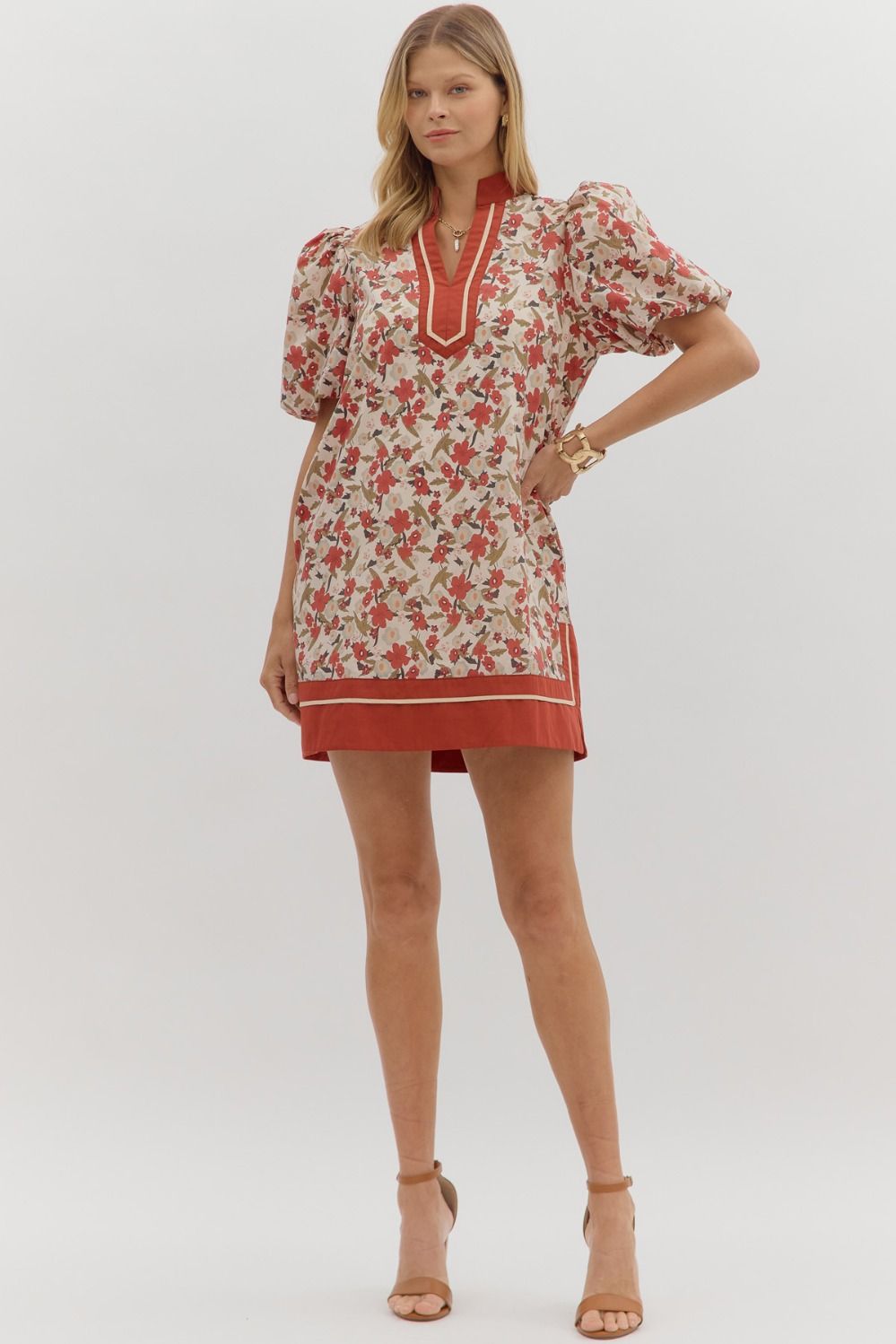 Rust Floral Band Collar Mini Dress By Entro